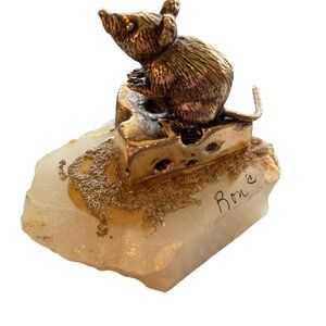 Handmade Bronze Mouse on Silver Cheese Quartz Crystal Paperweight Signed Vtg